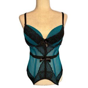 top melon lingerie Bustier Padded Push Up Teal Blue Black Lace Large